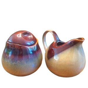 VTG Studio Pottery Glazed Creamer & Sugar Bowl Lid Brown Purple Beige Set Earthy